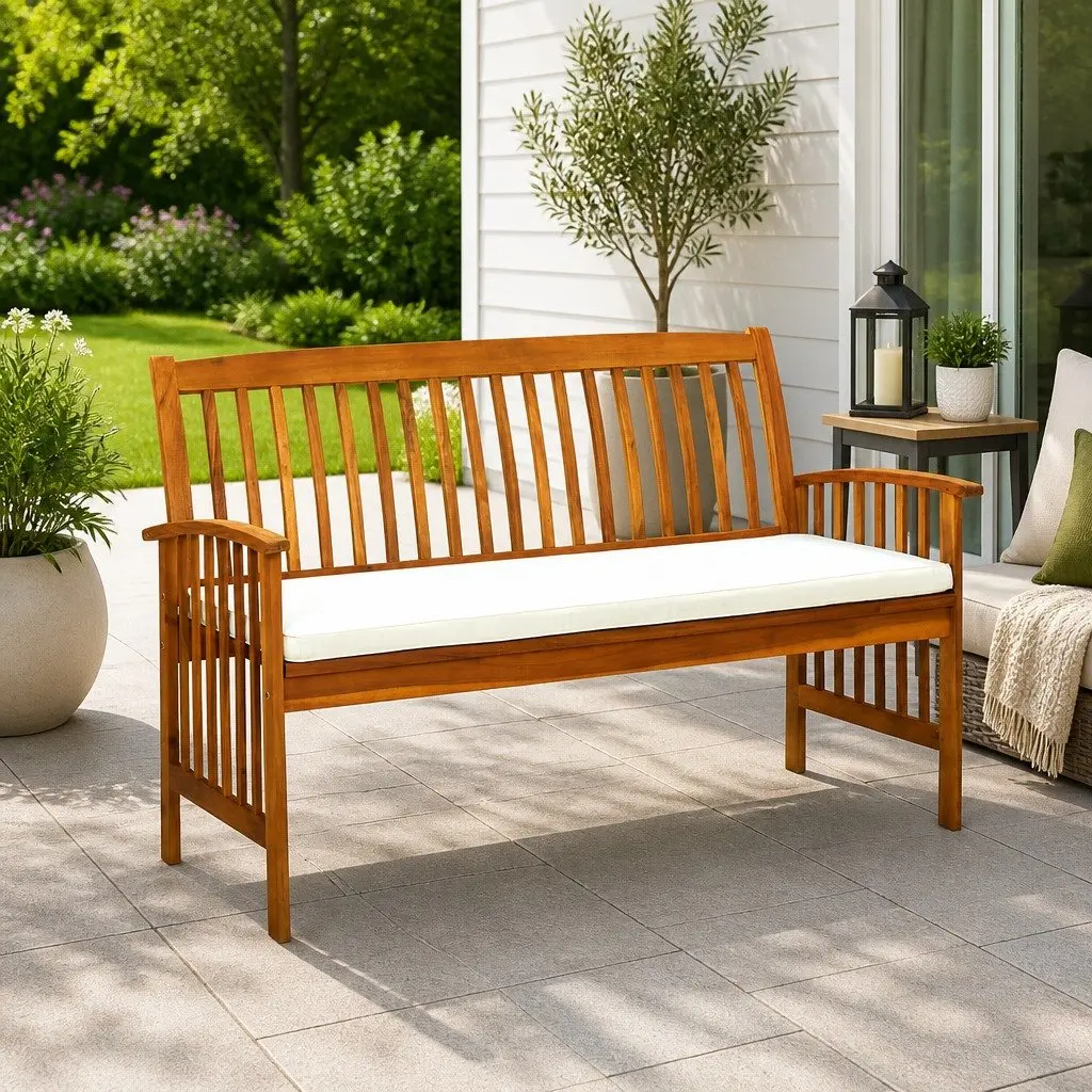 Garden Bench with Cushion Acacia Wood 147cm Outdoor Patio Arm Seat
