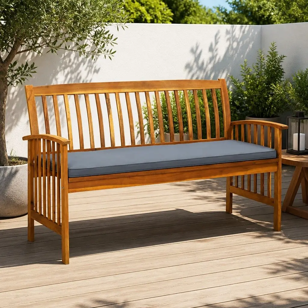 Outdoor Garden Bench Solid Acacia Wood 147cm with Grey Cushion Armrest