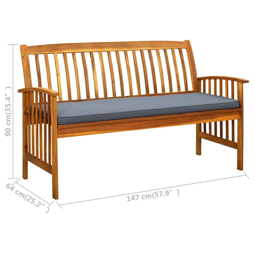 Outdoor Garden Bench Solid Acacia Wood 147cm with Grey Cushion Armrest