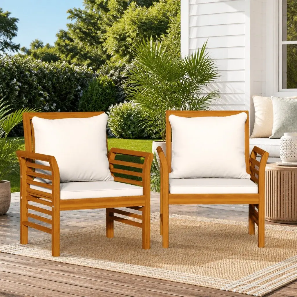 Outdoor Sofa Chairs Set of 2 Solid Acacia Wood with Cream Cushions Garden