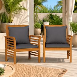 Outdoor Sofa Chairs Set of 2 Solid Wood Acacia with Grey Cushions Garden Seating