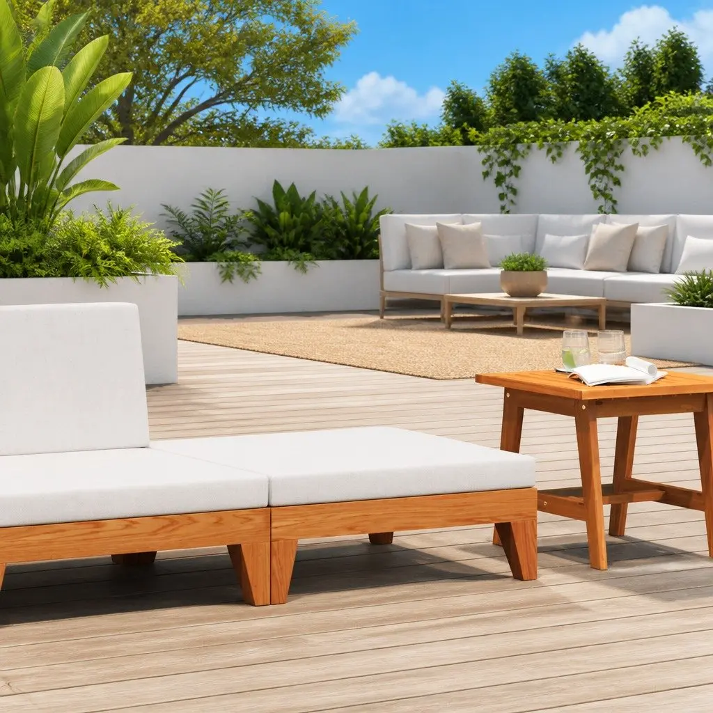 Outdoor Footrest Ottoman Solid Wood with Cushion Cream White
