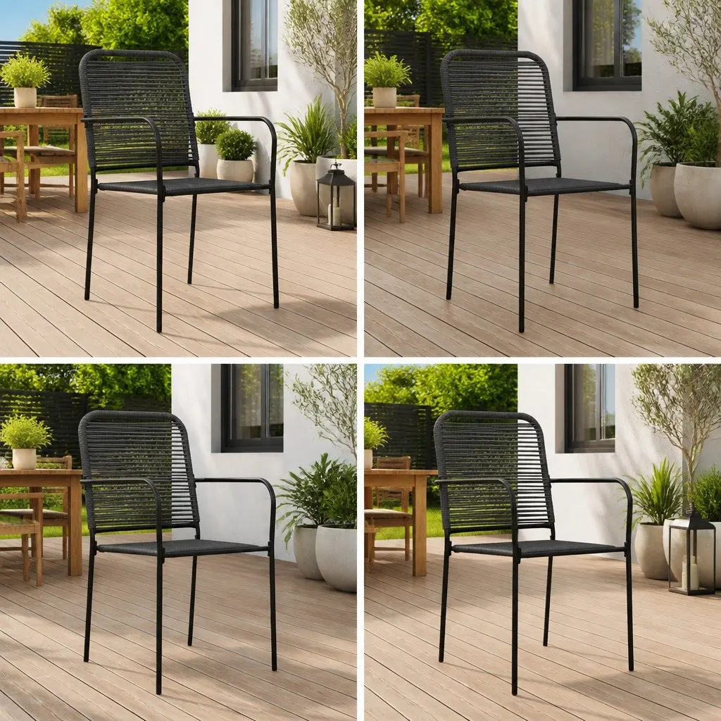 Outdoor Garden Chairs Set of 4 Minimalist Black Cotton Rope Steel Frame