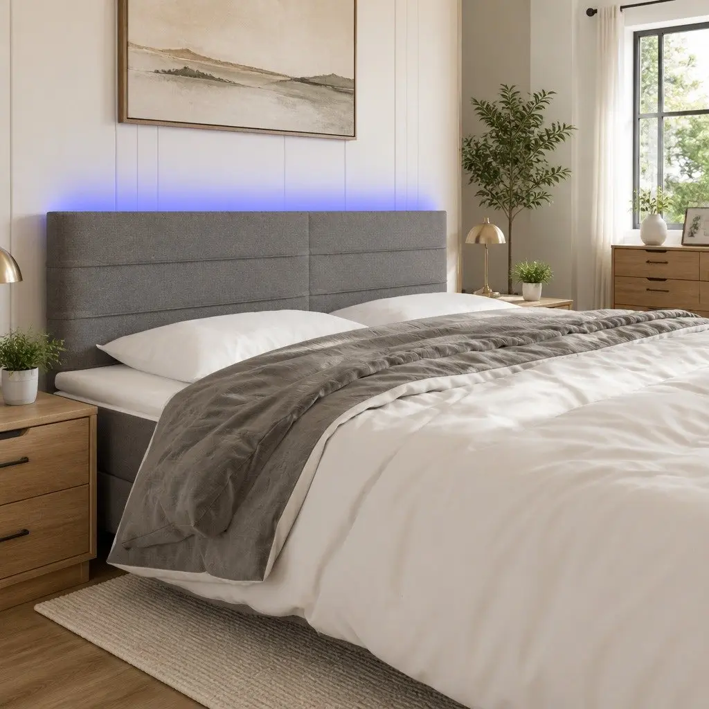 LED Headboard 200cm Dark Grey Fabric Bedroom Wall Mount Upholstered Backrest