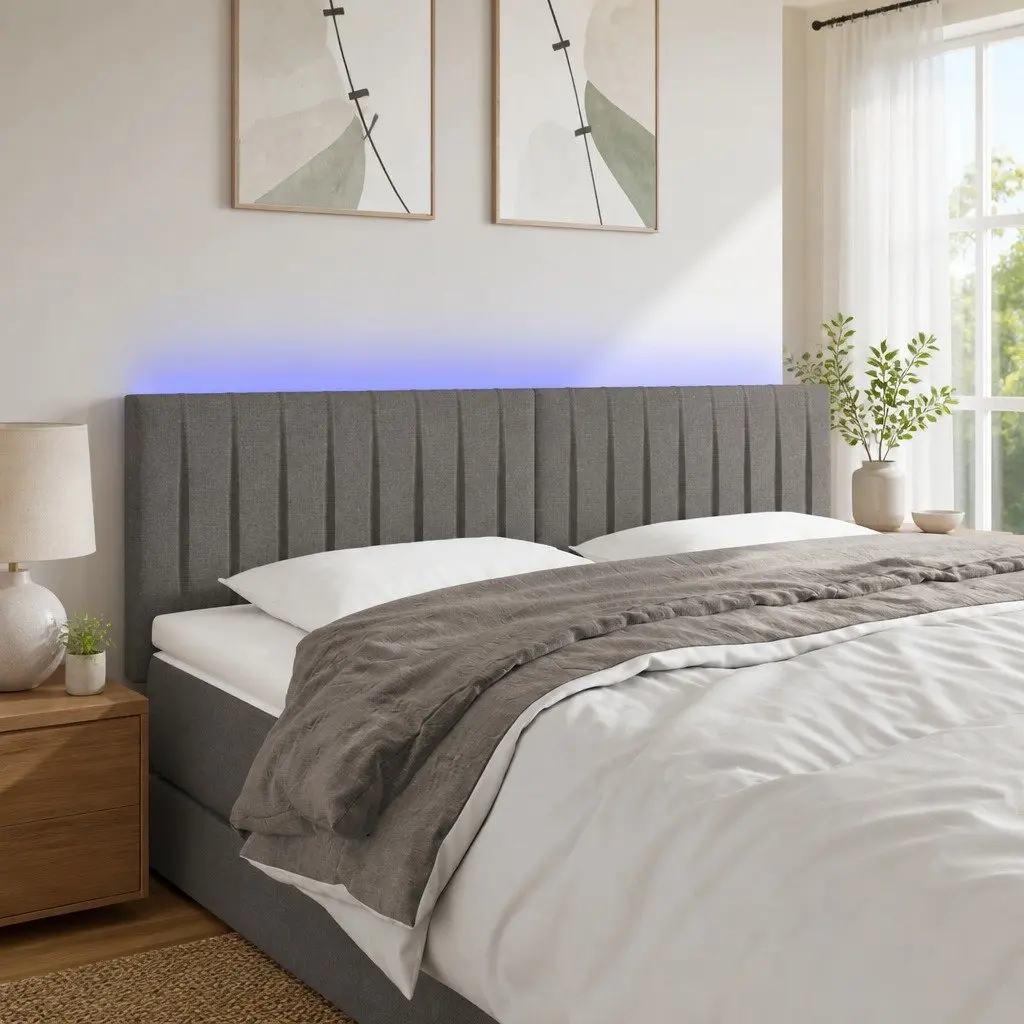 LED Headboard Adjustable Colourful Lighting 144cm Dark Grey Fabric Modern Bedroom Backrest Support