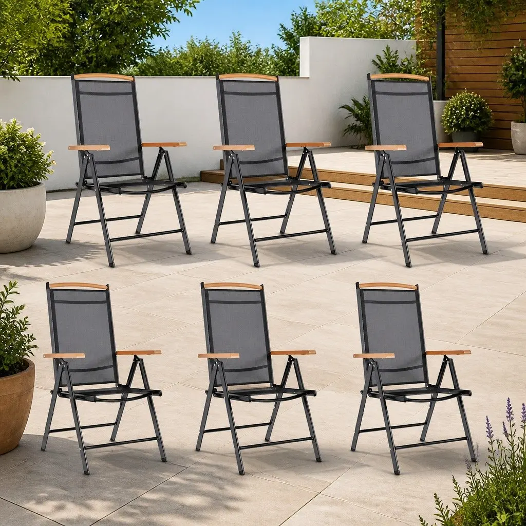 Folding Garden Chairs Set Black Textilene Lightweight Reclining Backrest 6 Piece