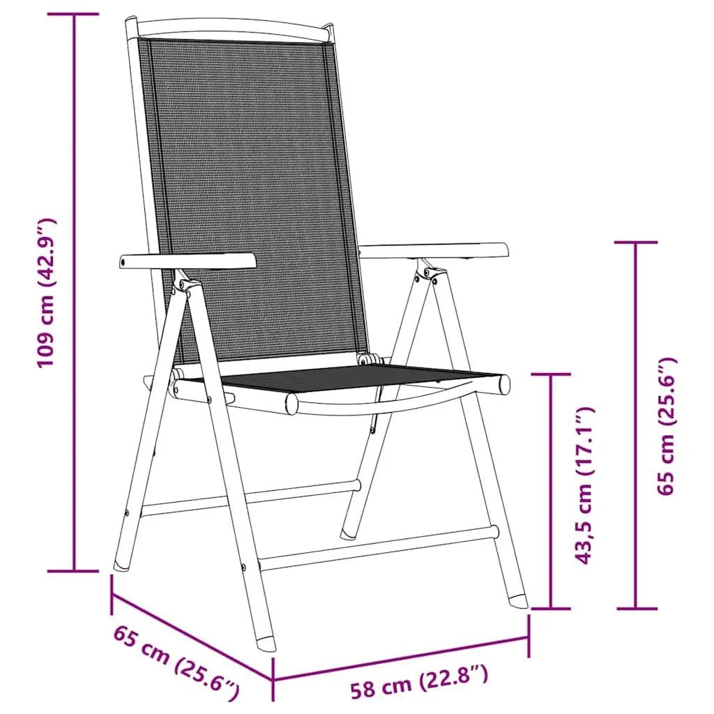 Folding Garden Chairs Set Black Textilene Lightweight Reclining Backrest 6 Piece