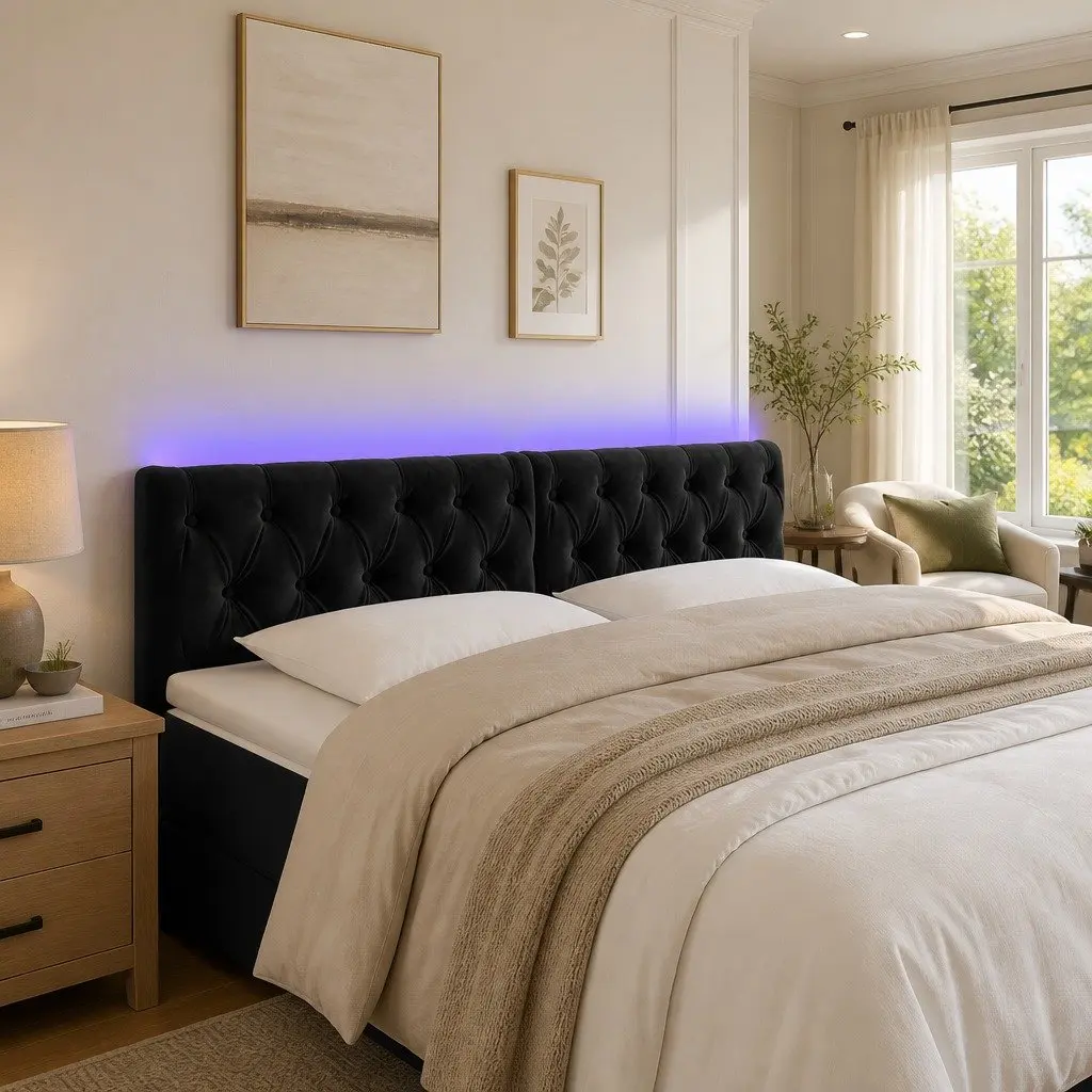 LED Headboard Black Velvet 144 cm Modern Upholstered Bed Frame