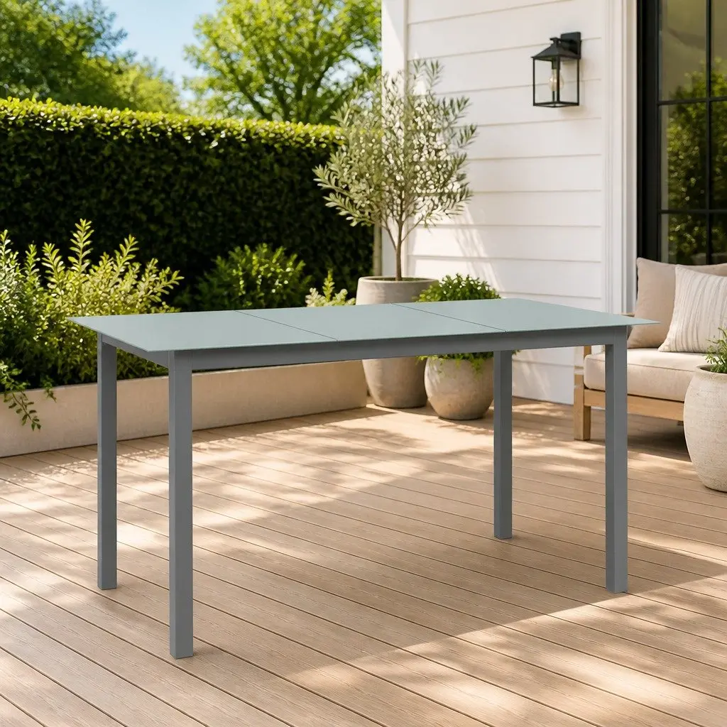 Garden Dining Table Grey Aluminium Frame Glass Top 150 x 90 x 74 cm