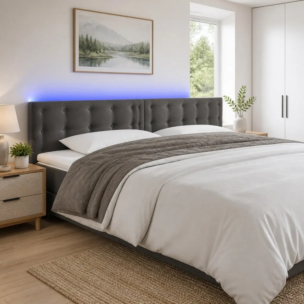 Velvet Upholstered LED Headboard 160cm Dark Grey Modern Bedroom Furniture