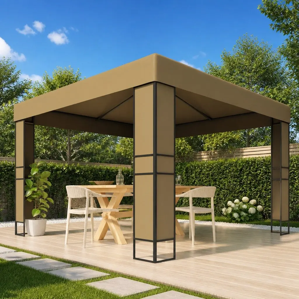 Gazebo with Double Roof 3x3x2.7m Outdoor Garden Canopy Shelter Taupe Sunshade