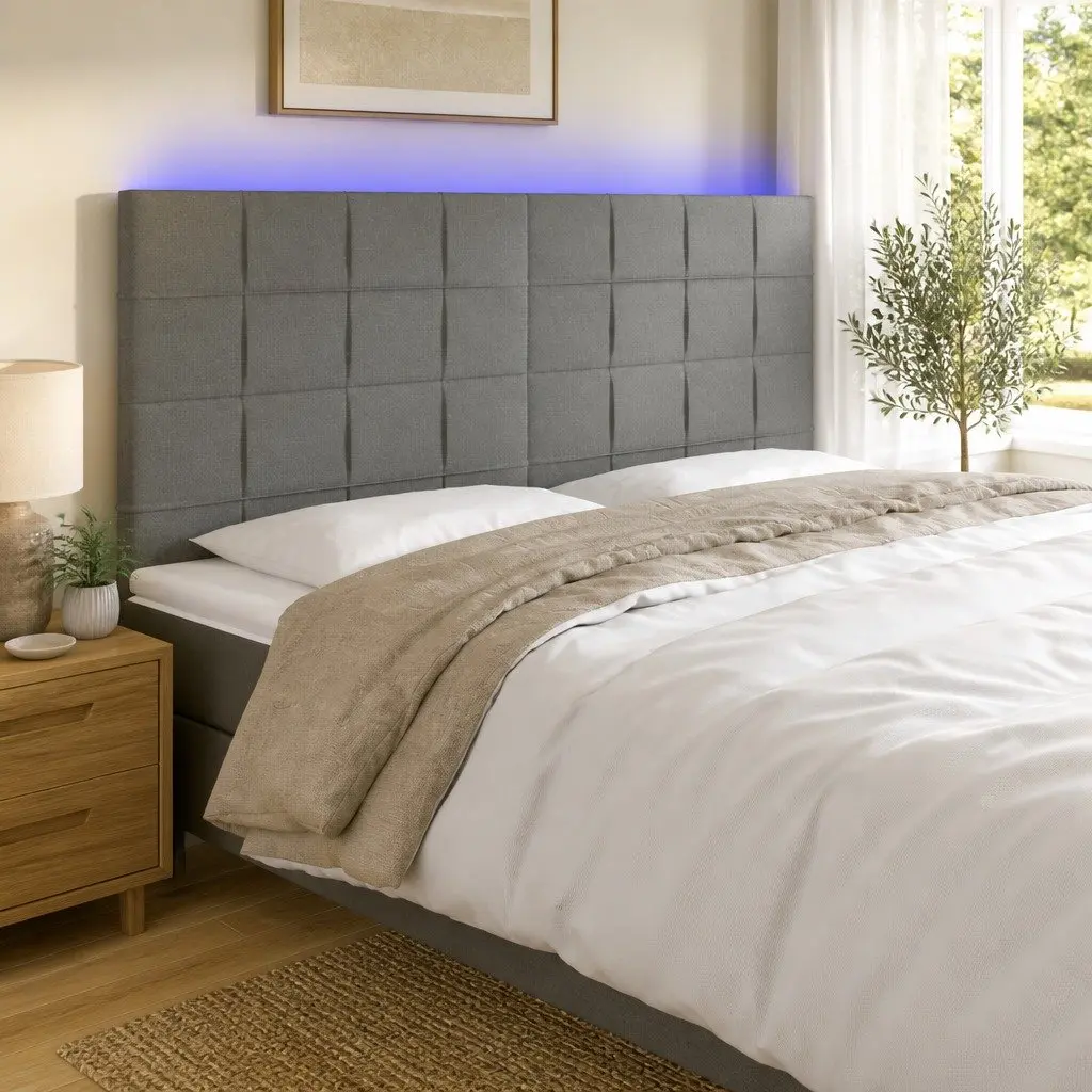 LED Headboard 200cm Dark Grey Fabric Bed Head Modern Bedroom Adjustable Height