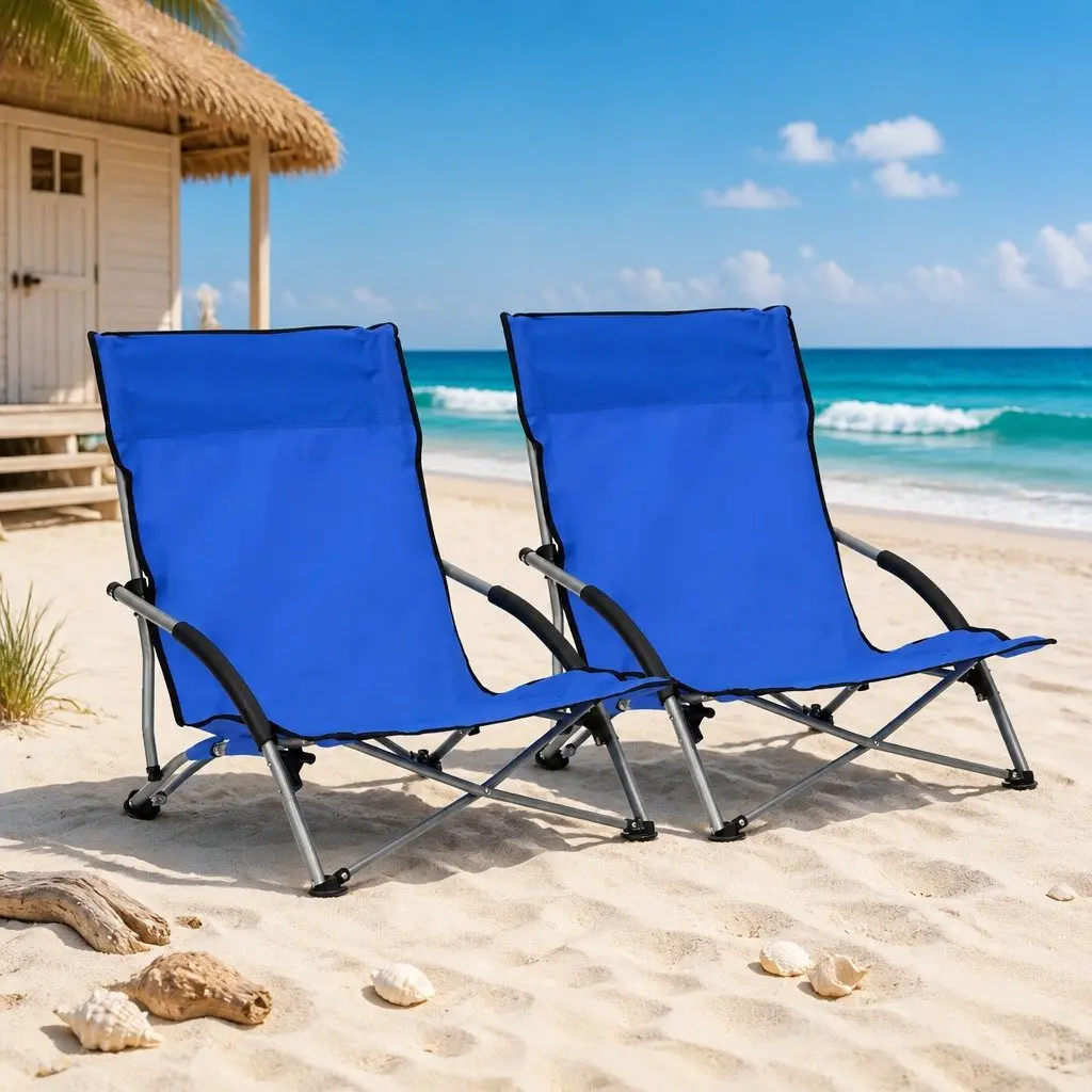 Folding Beach Chairs Portable Blue Fabric Outdoor Seating 2 Piece