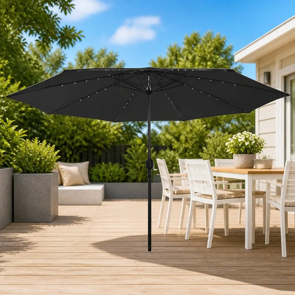 Garden Parasol 400cm LED Lights Black Crank Outdoor Umbrella Shade