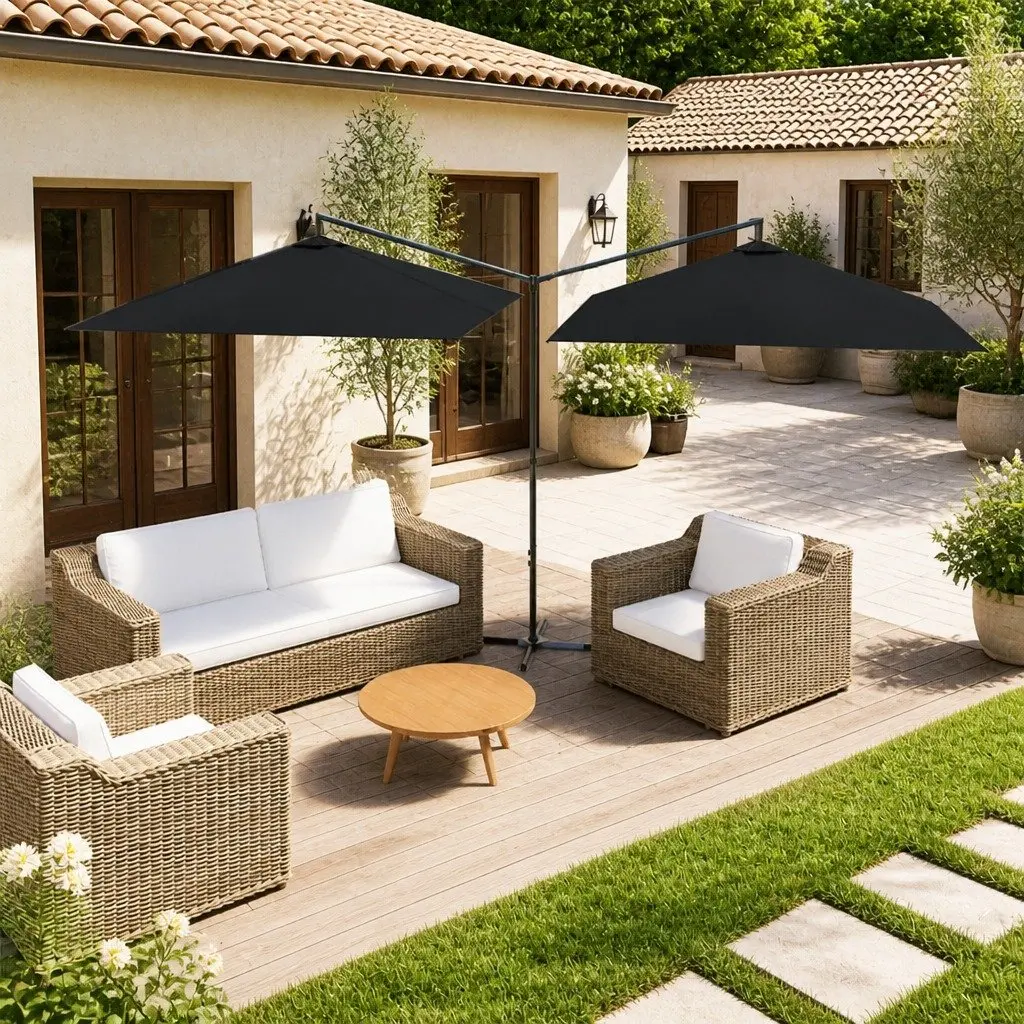 Double Garden Parasol Outdoor Sunshade Patio Umbrella Steel Pole Black 600x300cm