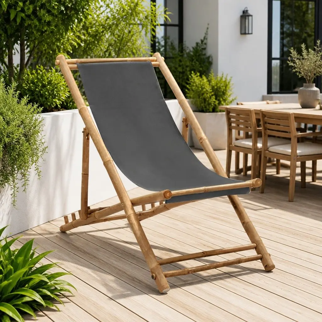Deck Chair Bamboo Canvas Grey Adjustable Folding Outdoor