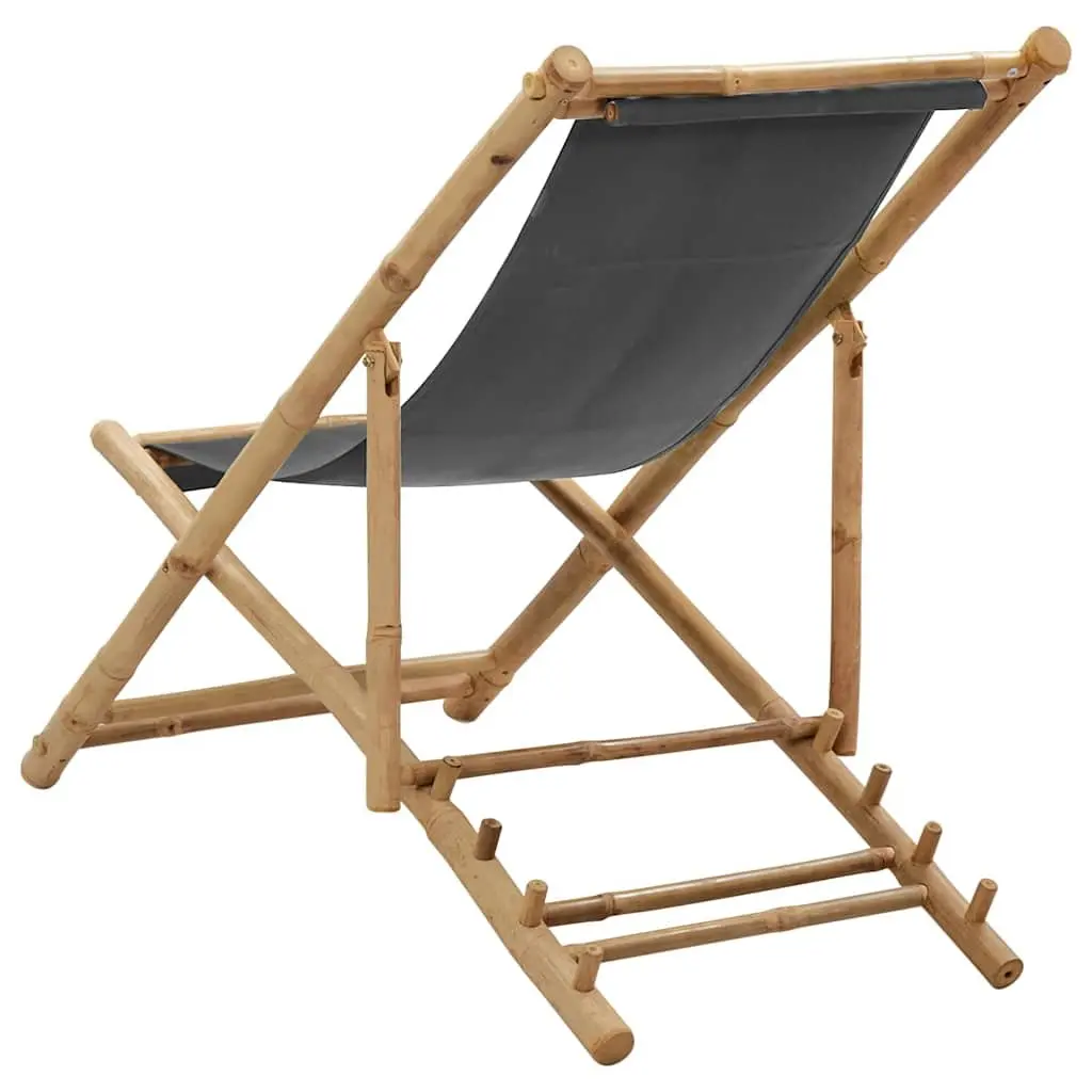 Deck Chair Bamboo Canvas Grey Adjustable Folding Outdoor
