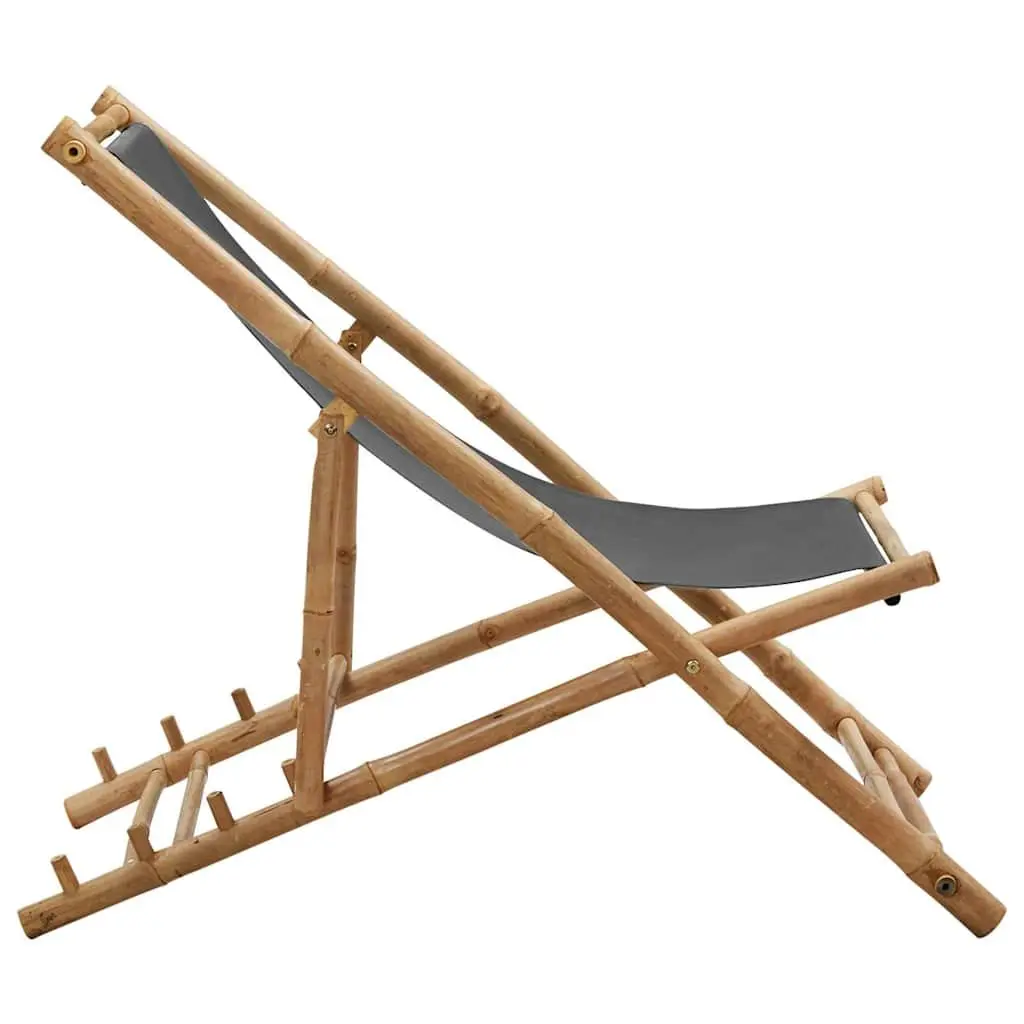 Deck Chair Bamboo Canvas Grey Adjustable Folding Outdoor