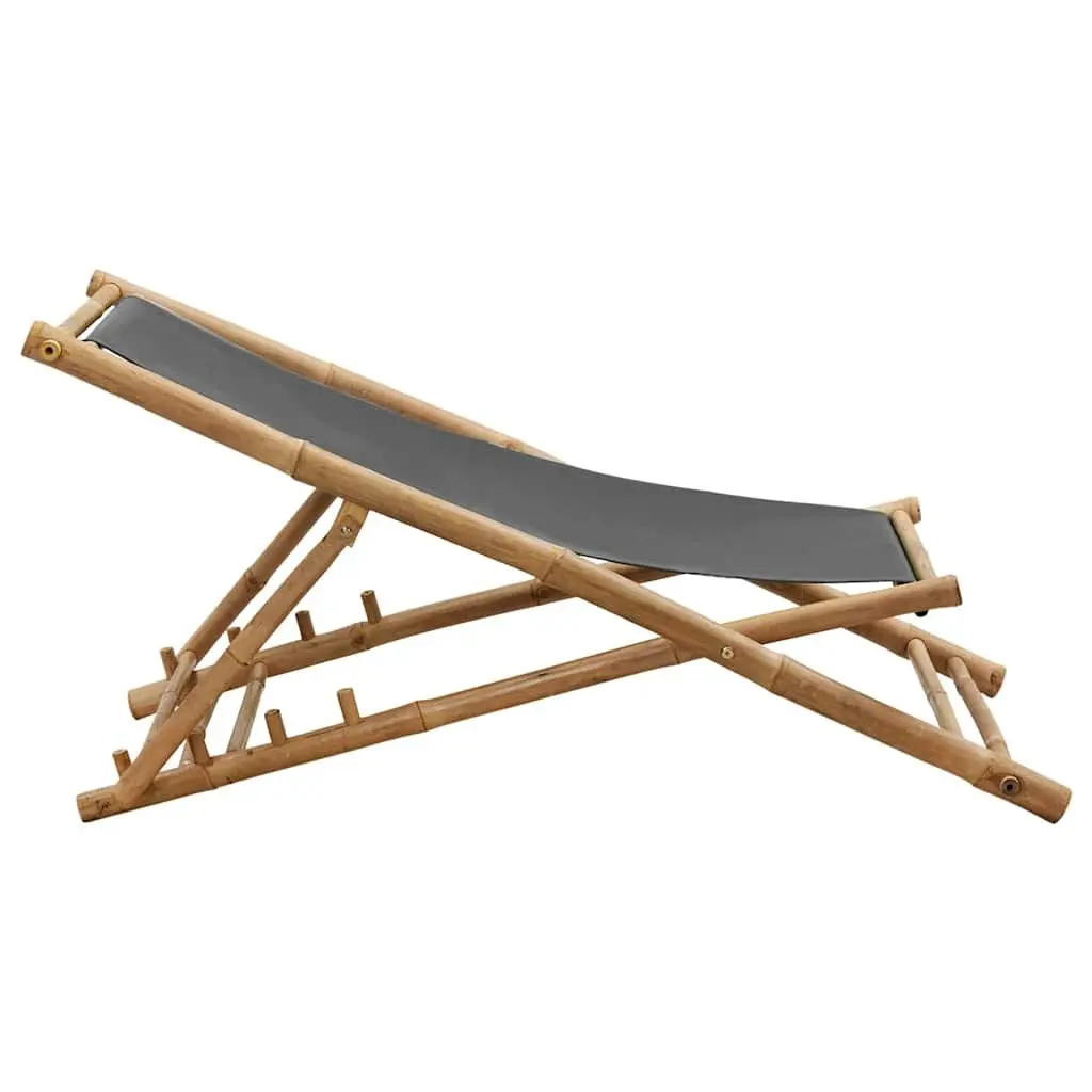 Deck Chair Bamboo Canvas Grey Adjustable Folding Outdoor