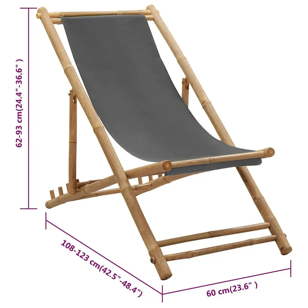 Deck Chair Bamboo Canvas Grey Adjustable Folding Outdoor