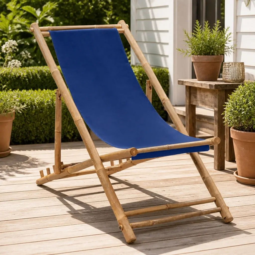 Deck Chair Bamboo Canvas Navy Blue Adjustable 4 Position Foldable Outdoor Furniture