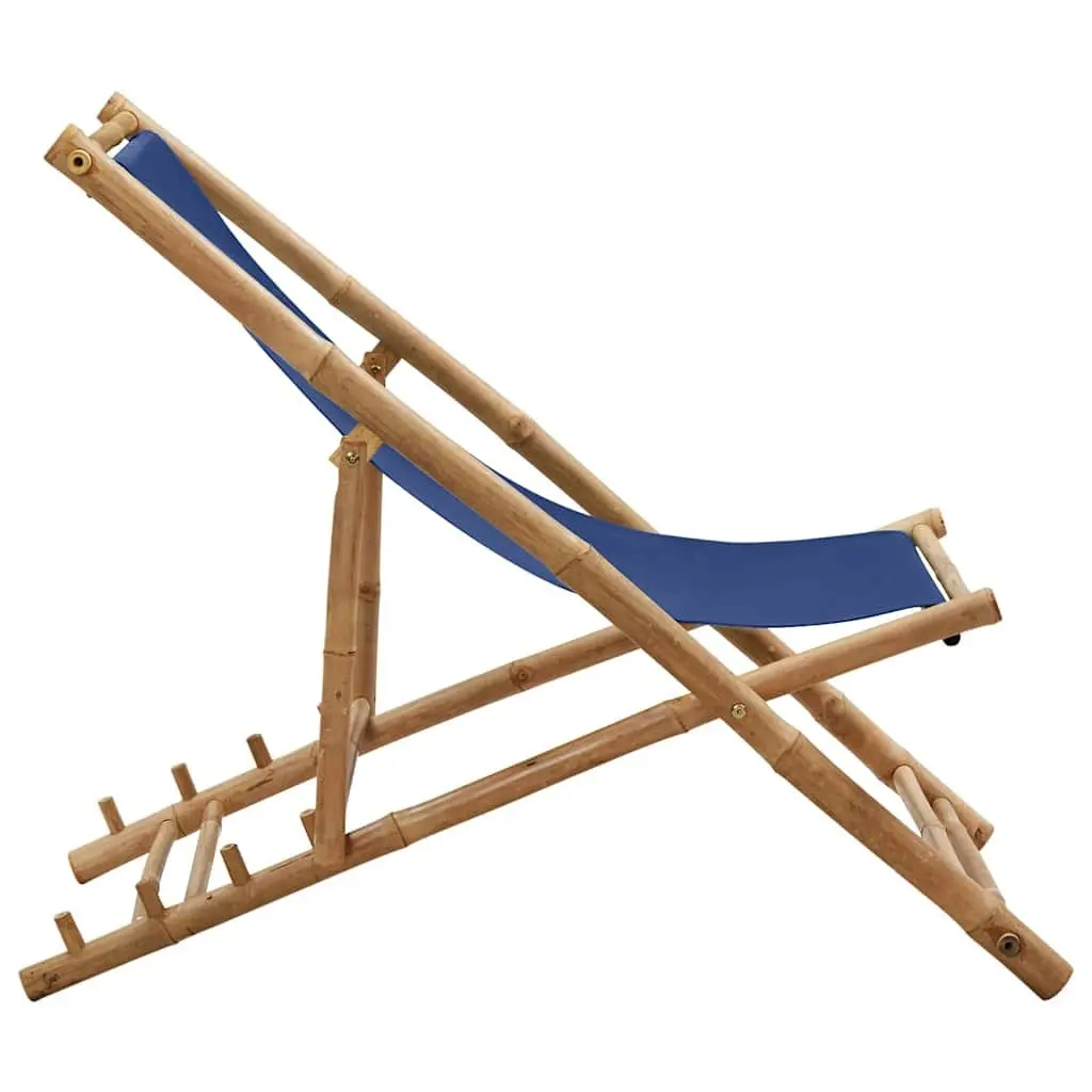 Deck Chair Bamboo Canvas Navy Blue Adjustable 4 Position Foldable Outdoor Furniture