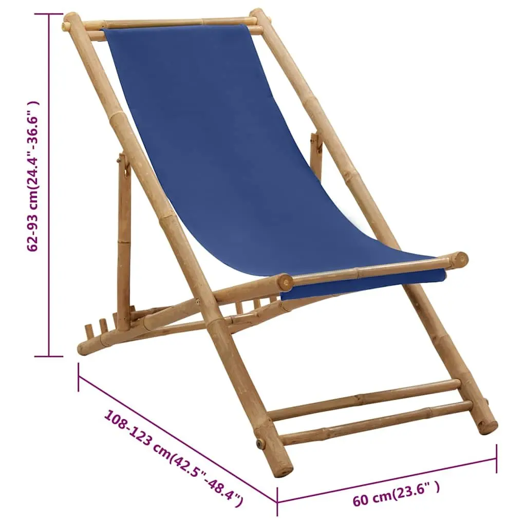 Deck Chair Bamboo Canvas Navy Blue Adjustable 4 Position Foldable Outdoor Furniture