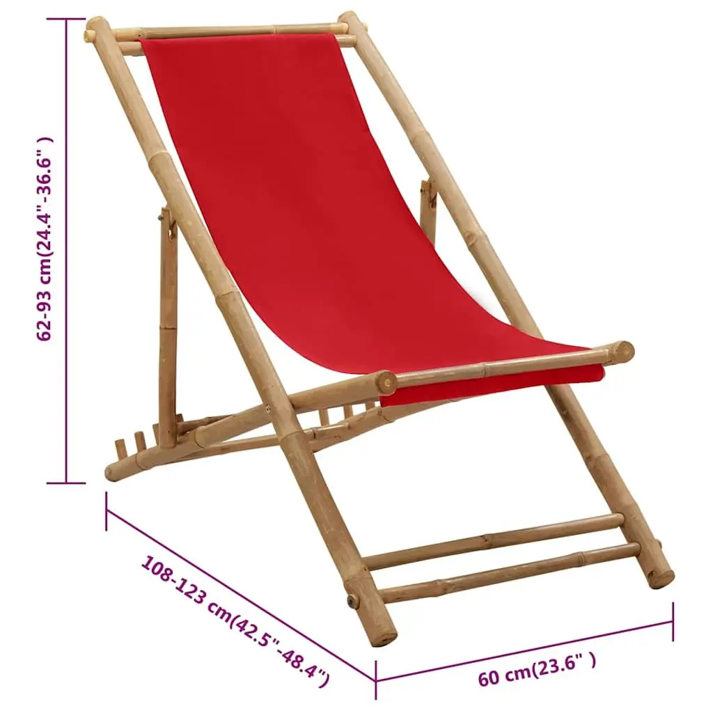 Deck Chair Bamboo Canvas Red Foldable 4-Position