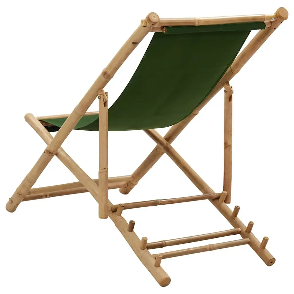 Bamboo Deck Chair Adjustable Green Canvas 4-Position Foldable for Beach and Garden