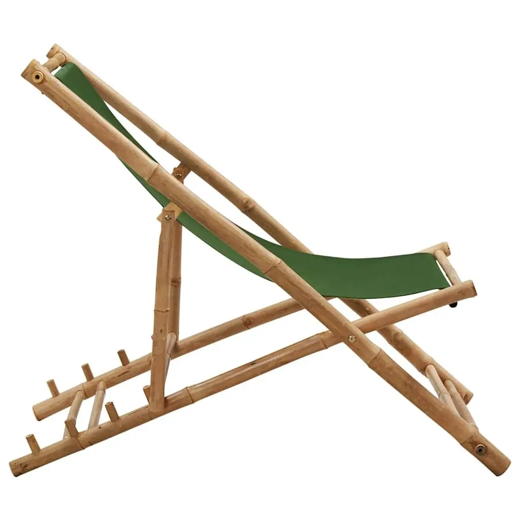 Bamboo Deck Chair Adjustable Green Canvas 4-Position Foldable for Beach and Garden