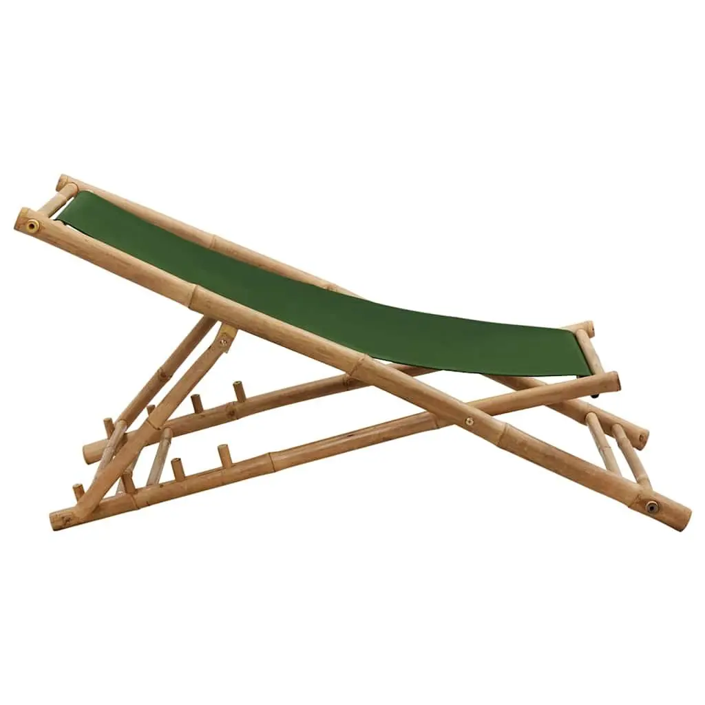 Bamboo Deck Chair Adjustable Green Canvas 4-Position Foldable for Beach and Garden