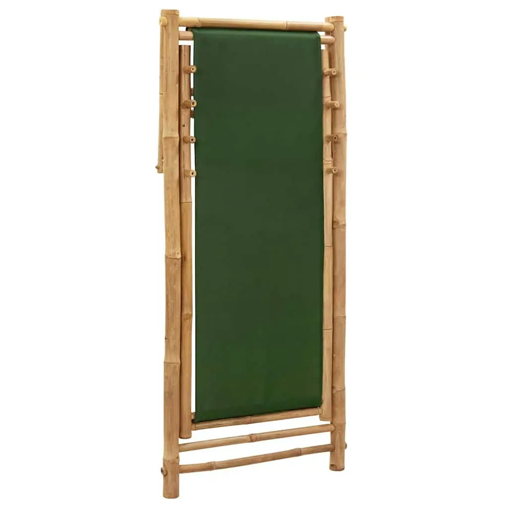 Bamboo Deck Chair Adjustable Green Canvas 4-Position Foldable for Beach and Garden