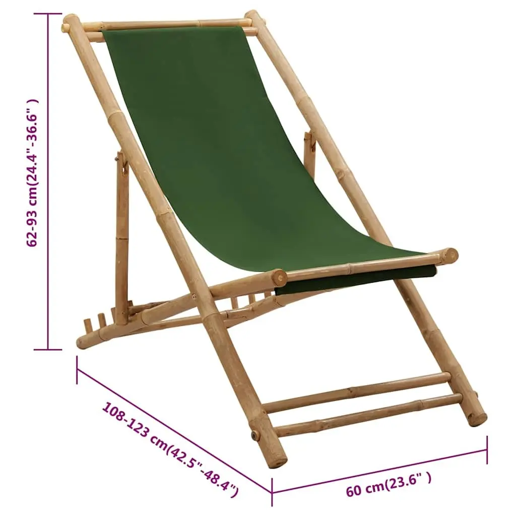 Bamboo Deck Chair Adjustable Green Canvas 4-Position Foldable for Beach and Garden