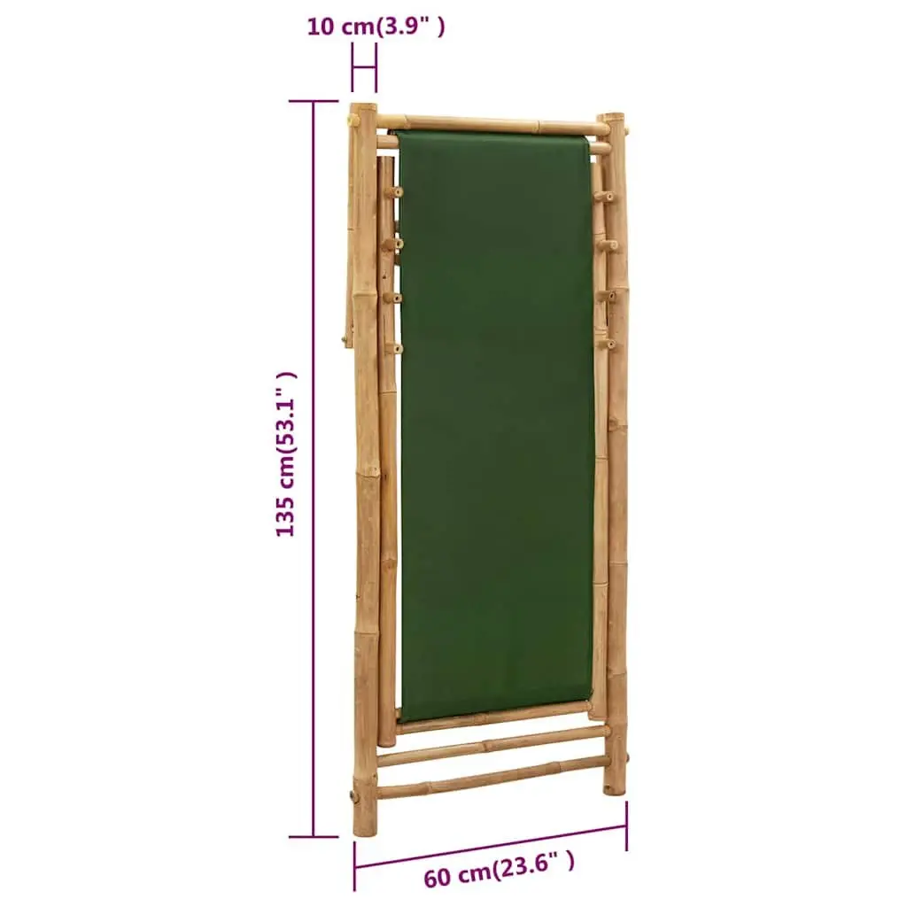 Bamboo Deck Chair Adjustable Green Canvas 4-Position Foldable for Beach and Garden
