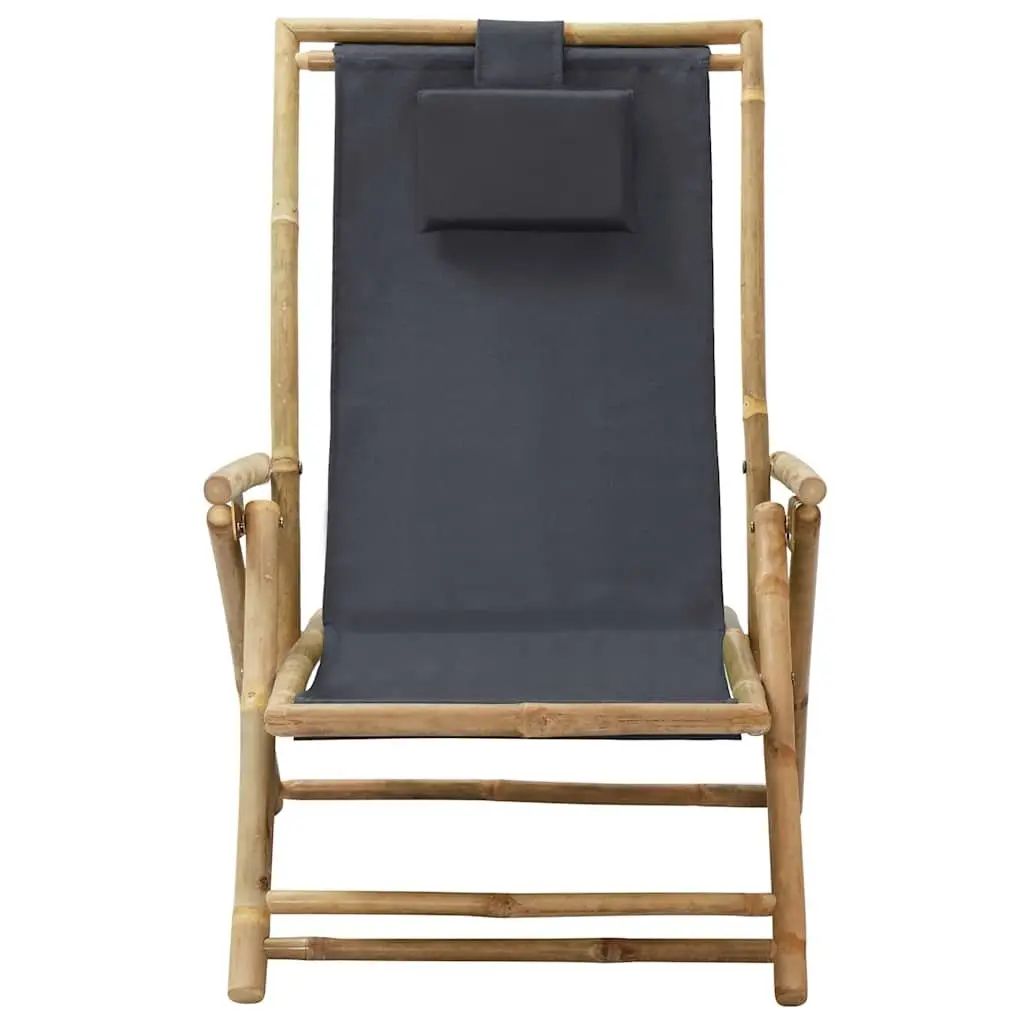 Folding Outdoor Reclining Chair Adjustable Grey Fabric Bamboo Frame