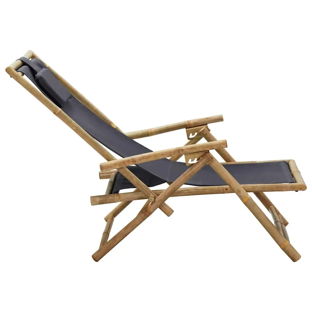 Folding Outdoor Reclining Chair Adjustable Grey Fabric Bamboo Frame