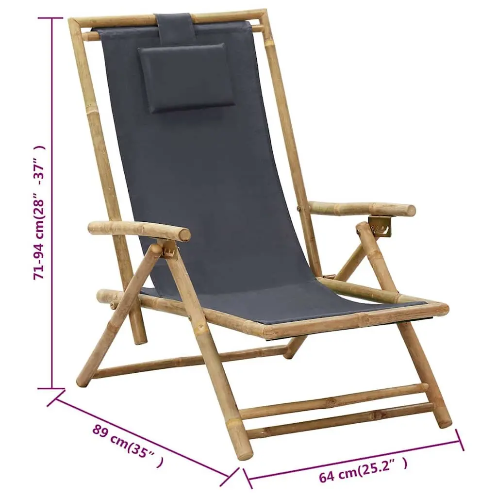 Folding Outdoor Reclining Chair Adjustable Grey Fabric Bamboo Frame
