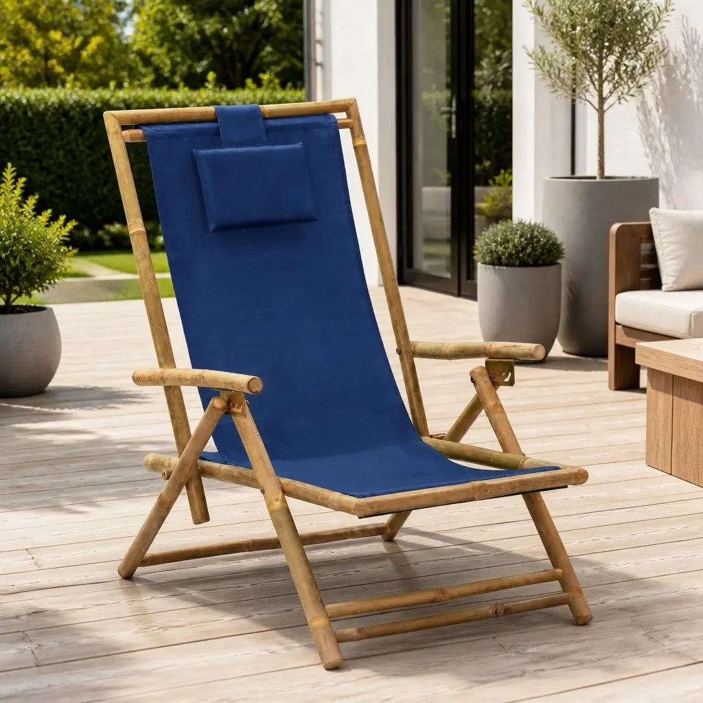 Outdoor Reclining Chair Bamboo Fabric Blue Adjustable Folding