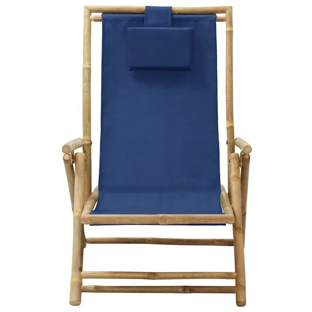 Outdoor Reclining Chair Bamboo Fabric Blue Adjustable Folding
