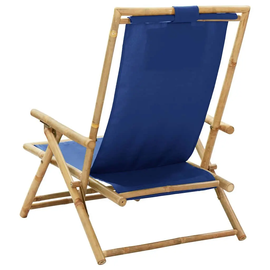 Outdoor Reclining Chair Bamboo Fabric Blue Adjustable Folding
