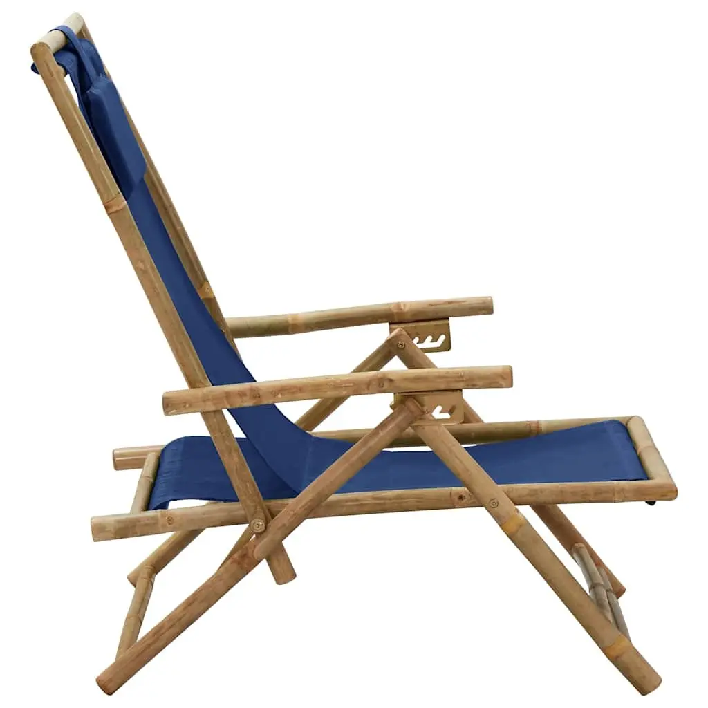 Outdoor Reclining Chair Bamboo Fabric Blue Adjustable Folding