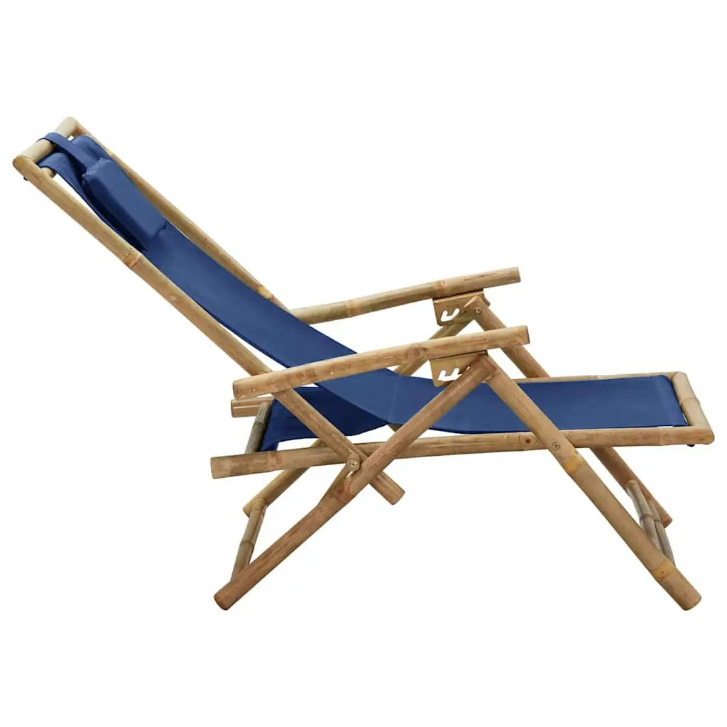 Outdoor Reclining Chair Bamboo Fabric Blue Adjustable Folding