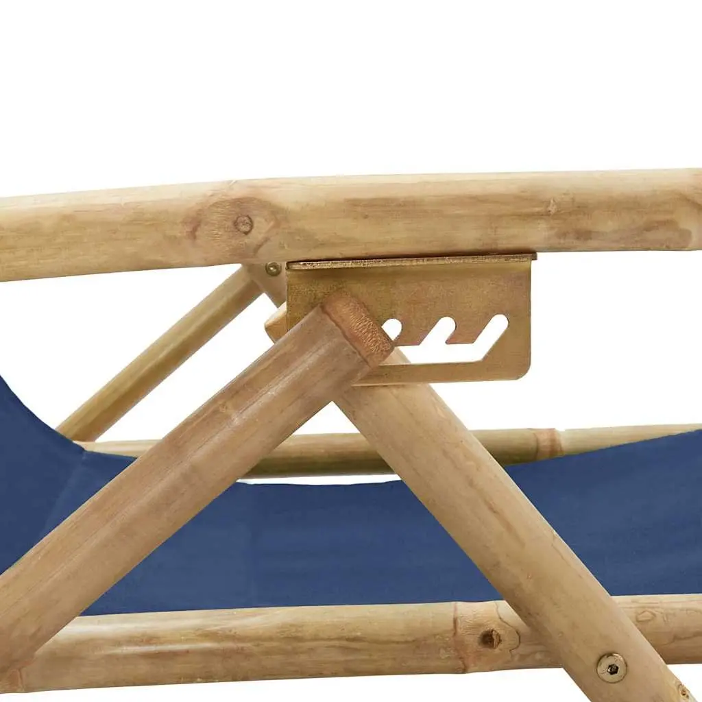 Outdoor Reclining Chair Bamboo Fabric Blue Adjustable Folding
