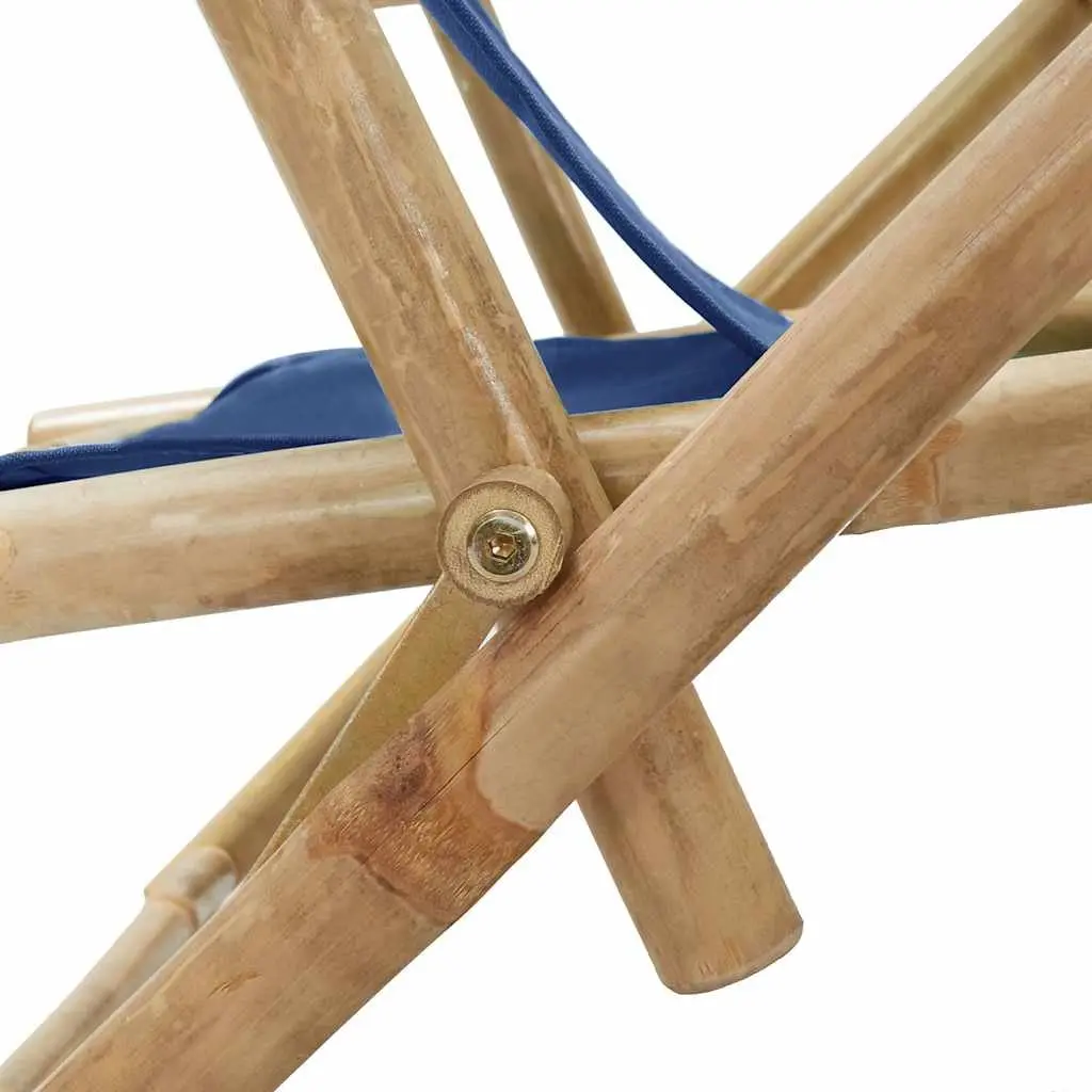 Outdoor Reclining Chair Bamboo Fabric Blue Adjustable Folding