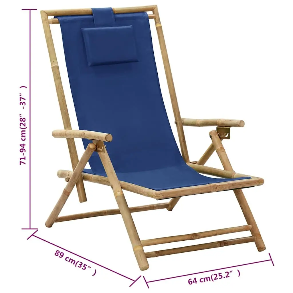 Outdoor Reclining Chair Bamboo Fabric Blue Adjustable Folding