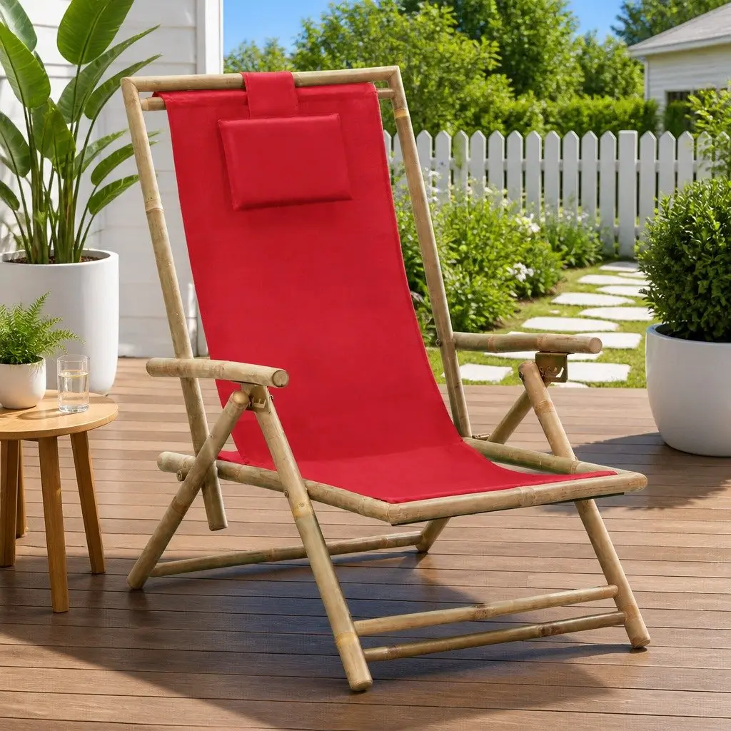 Reclining Outdoor Chair Bamboo Frame Red Fabric Folding Garden Relaxer