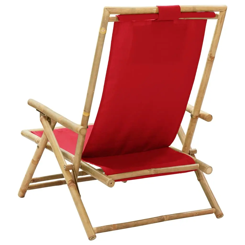 Reclining Outdoor Chair Bamboo Frame Red Fabric Folding Garden Relaxer