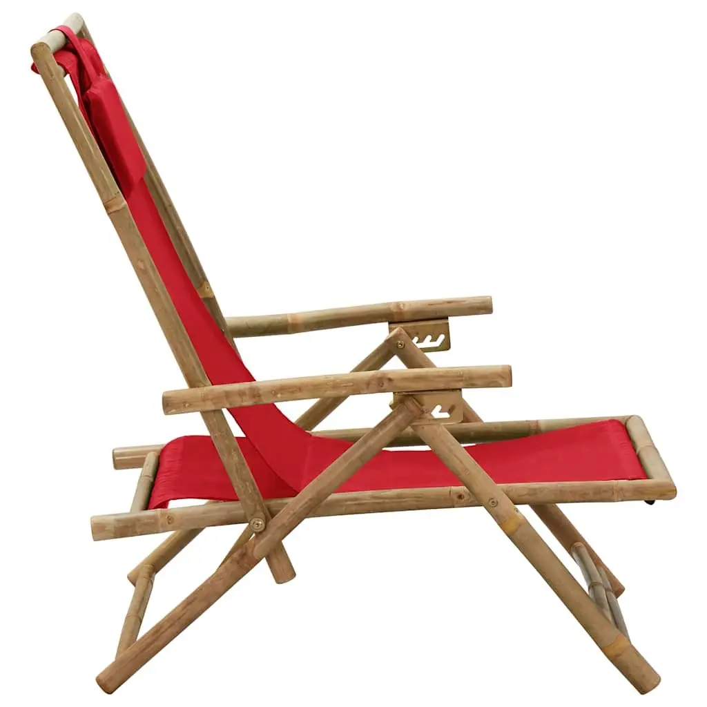 Reclining Outdoor Chair Bamboo Frame Red Fabric Folding Garden Relaxer
