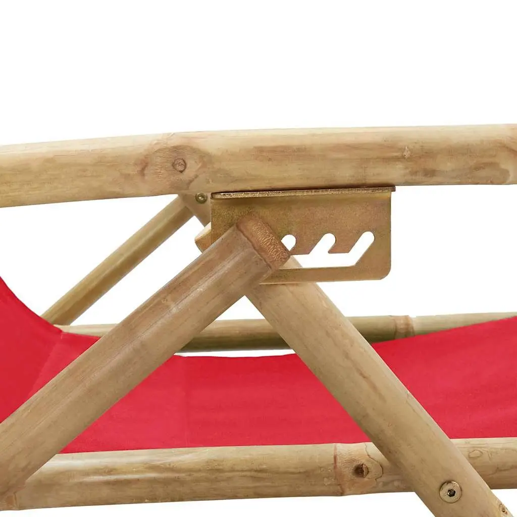 Reclining Outdoor Chair Bamboo Frame Red Fabric Folding Garden Relaxer