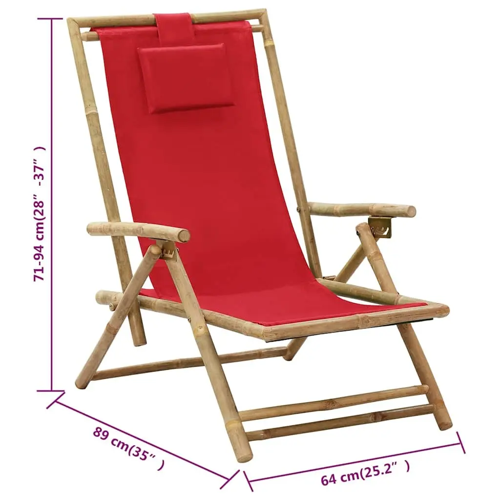 Reclining Outdoor Chair Bamboo Frame Red Fabric Folding Garden Relaxer